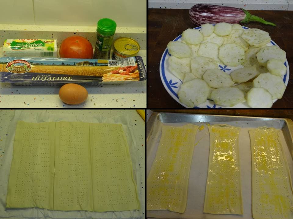 Hojaldre con berenjena, tomate y queso de cabra