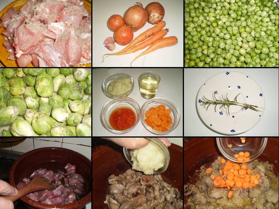 Paletilla de cordero con guisantes y coles de bruselas